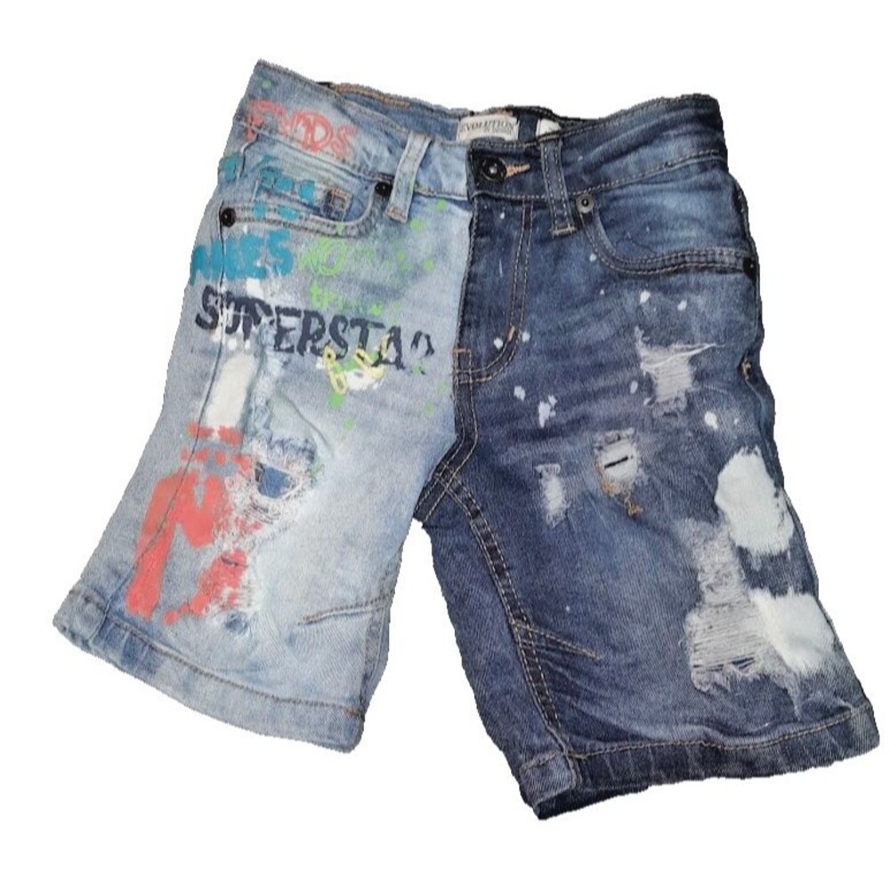Boys sz 7 Evolution brand denim shorts distressed design with paint splatter